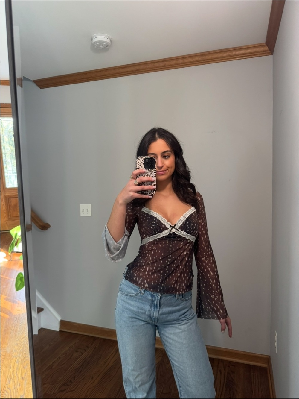 Sheer Brown Polka-Dot Lace-Trim Camisole Top